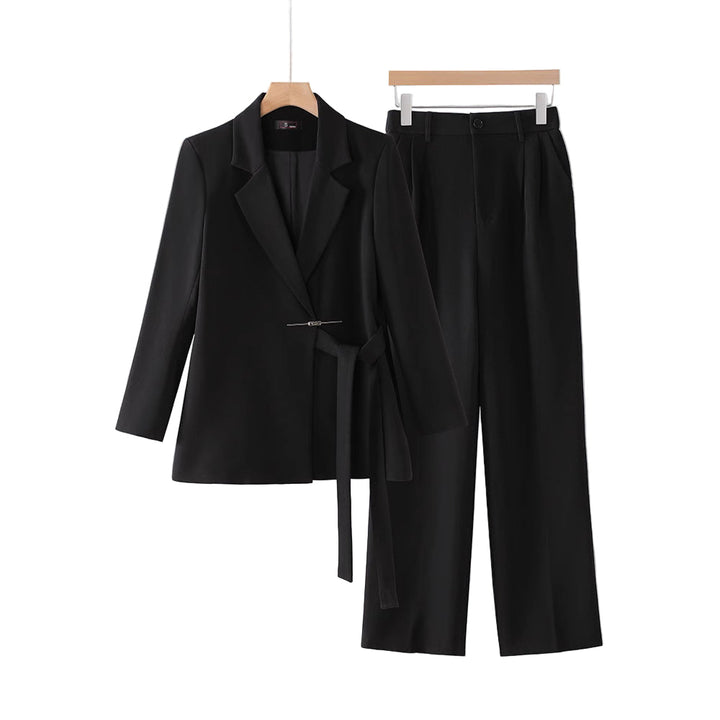 Women's Belted Blazer and Pants Suit Set-The Yellow Prime