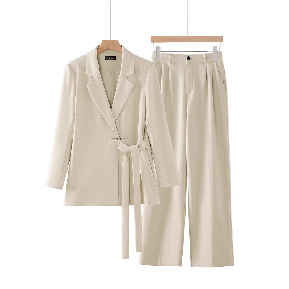 Women's Belted Blazer and Pants Suit Set-The Yellow Prime