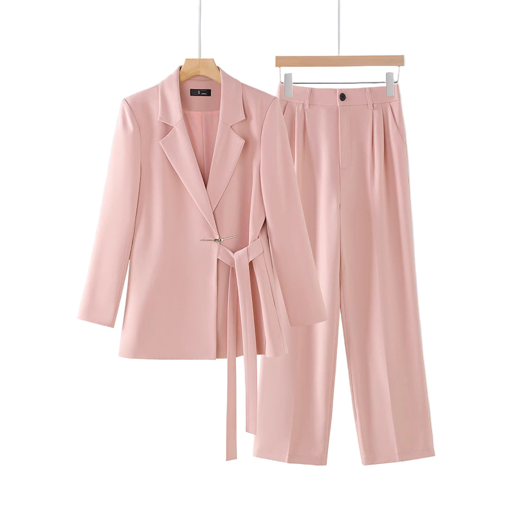 Women's Belted Blazer and Pants Suit Set-The Yellow Prime