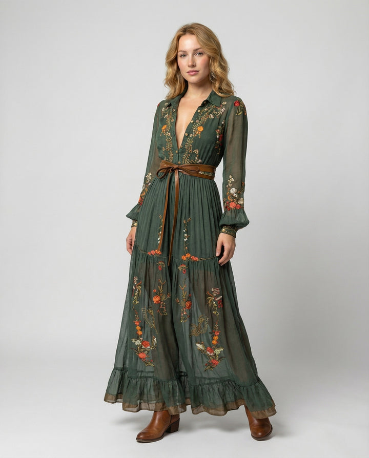 Women's Boho V-Neck Maxi Dress-The Yellow Prime