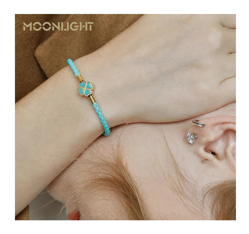 Women's Braided Leather Lucky Bracelet with Four Leaf Clover-The Yellow Prime