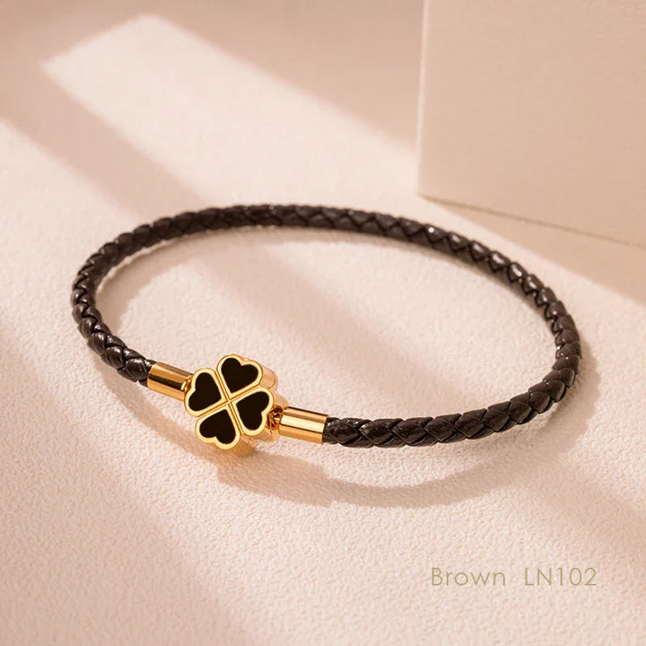 Women's Braided Leather Lucky Bracelet with Four Leaf Clover-The Yellow Prime