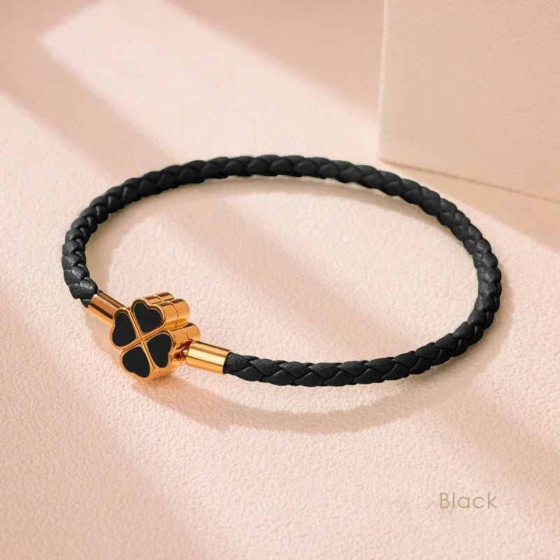 Women's Braided Leather Lucky Bracelet with Four Leaf Clover-The Yellow Prime