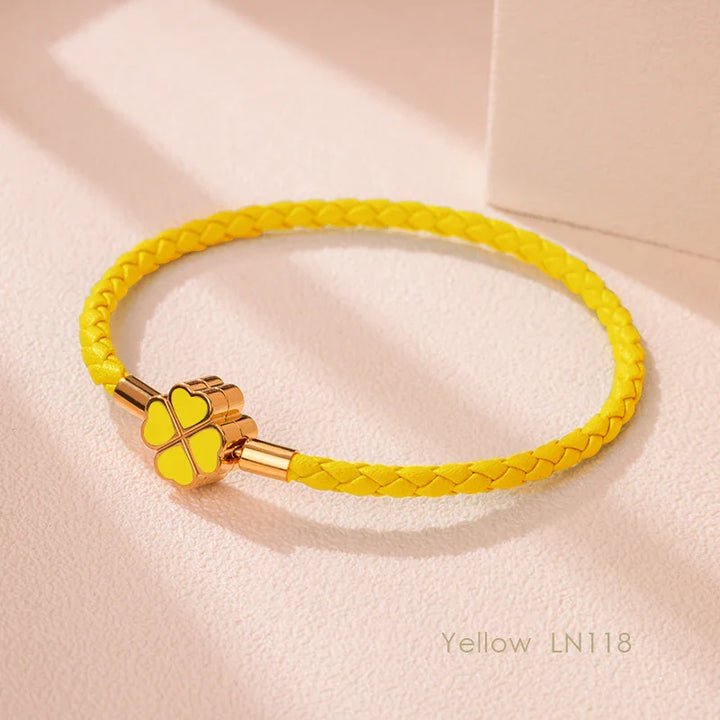 Women's Braided Leather Lucky Bracelet with Four Leaf Clover-The Yellow Prime