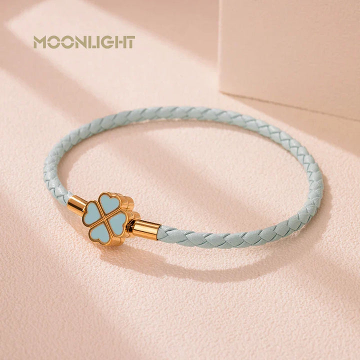 Women's Braided Leather Lucky Bracelet with Four Leaf Clover-The Yellow Prime