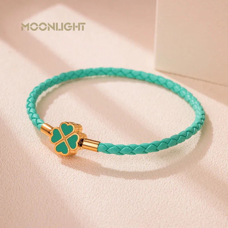 Women's Braided Leather Lucky Bracelet with Four Leaf Clover-The Yellow Prime