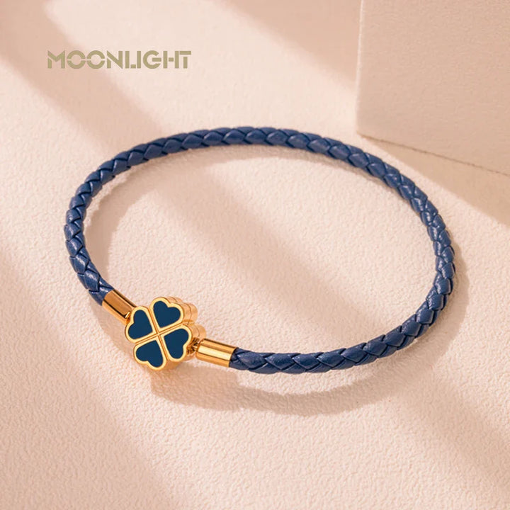 Women's Braided Leather Lucky Bracelet with Four Leaf Clover-The Yellow Prime