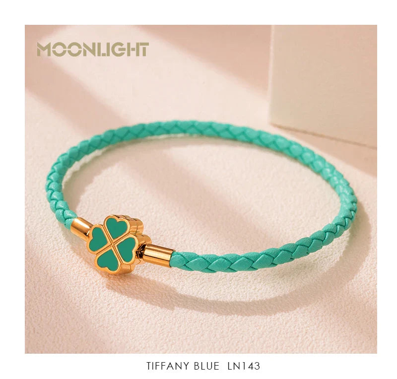 Women's Braided Leather Lucky Bracelet with Four Leaf Clover-The Yellow Prime