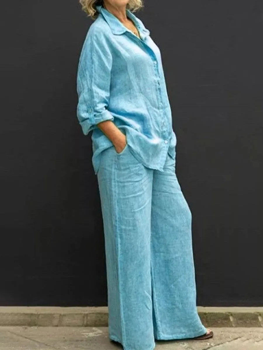 Women's Breathable Linen Set – Relaxed Top with Wide-Leg Pants-The Yellow Prime