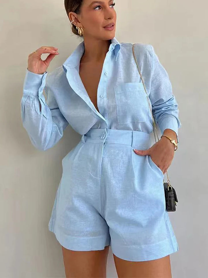Women's Casual 2-Piece Long Sleeve Set with Button Pockets and Shorts-The Yellow Prime