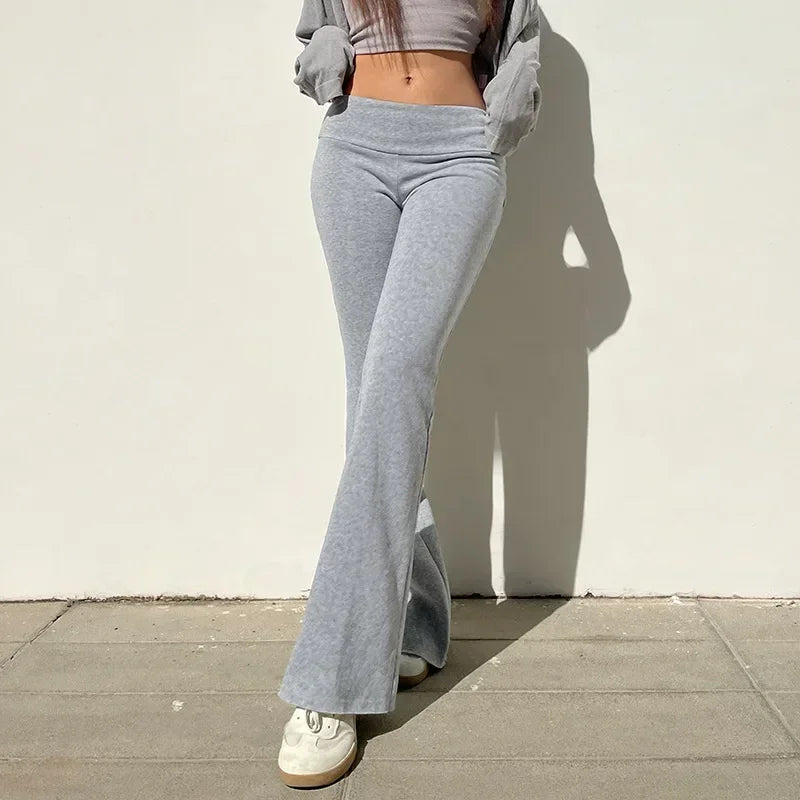 Women's Casual Solid Flare Pants Low-Waisted Boot Cut Streetwear-The Yellow Prime