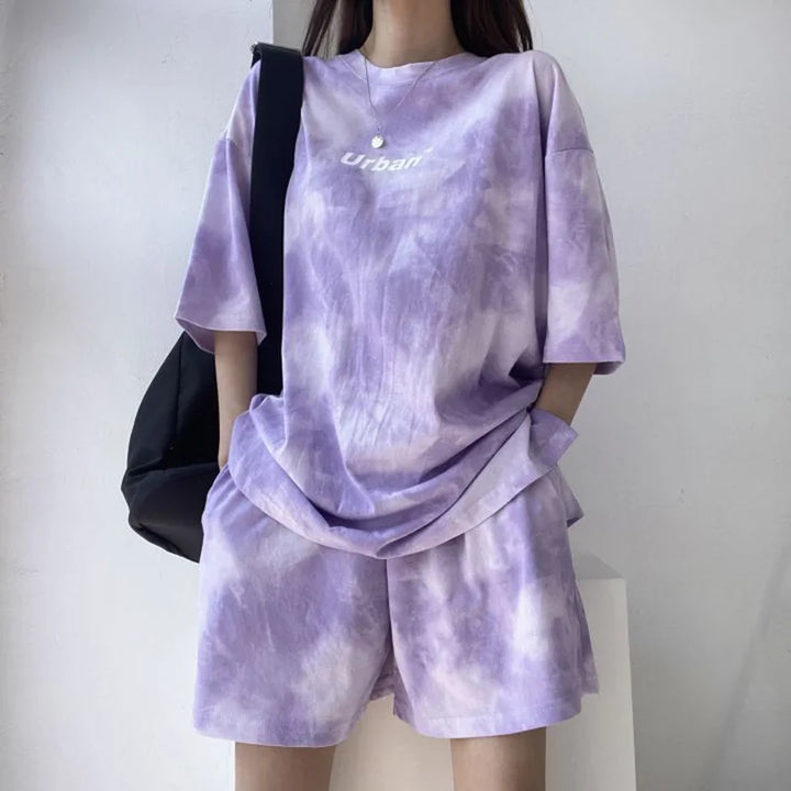 Women's Casual Tie Dye T-Shirt and Wide Leg Shorts Set-The Yellow Prime