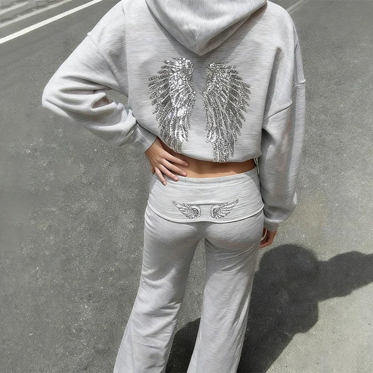 Women's Casual Vintage Wing Print Hoodie and Trousers Set-The Yellow Prime