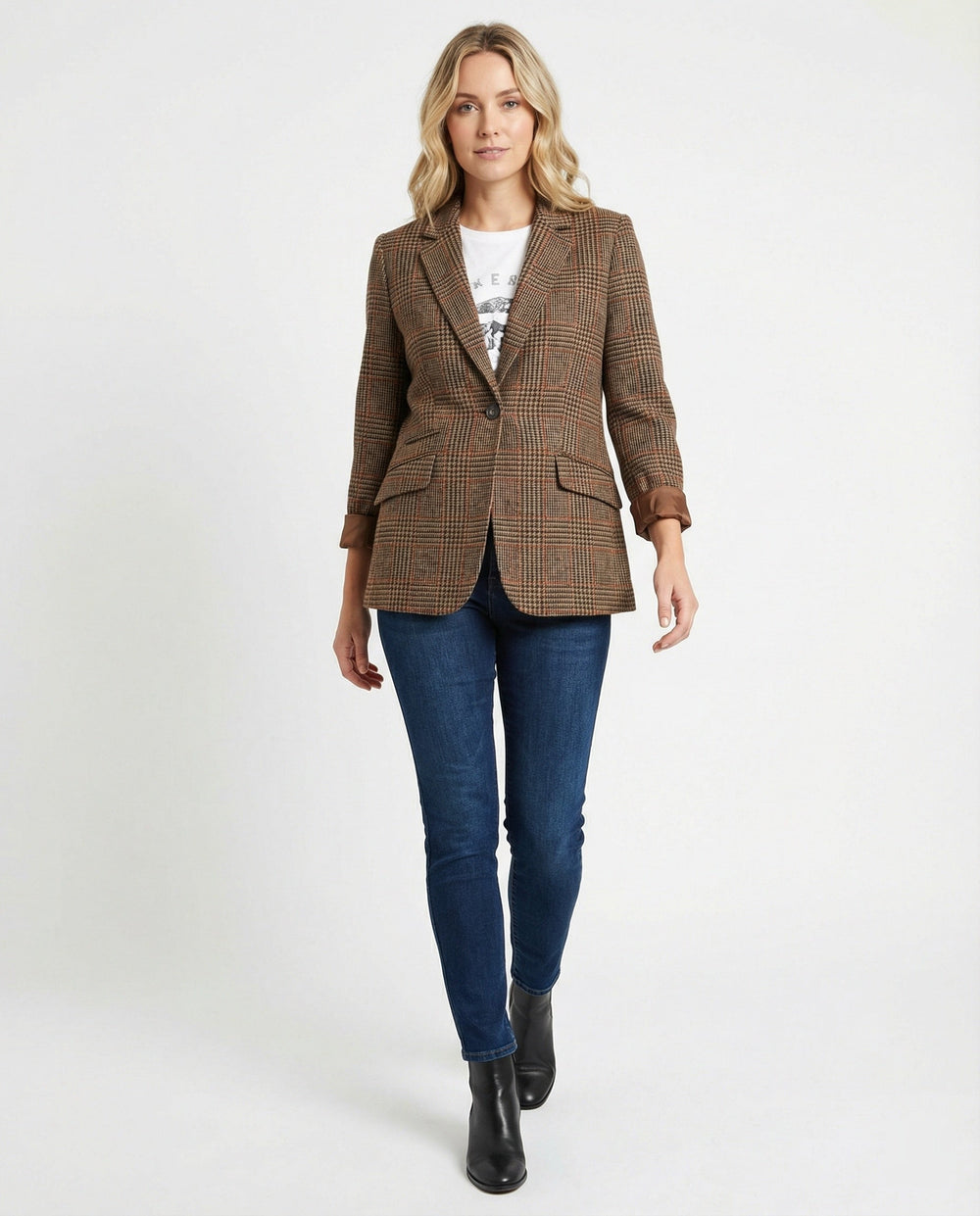 Women's Checked Blazer with Lapels and Single Button Closure-The Yellow Prime