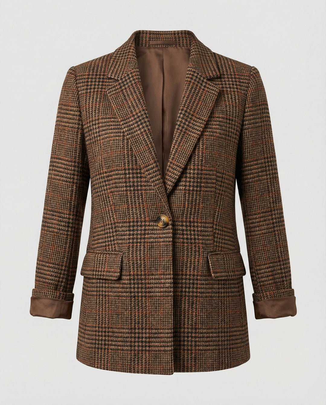 Women's Checked Blazer with Lapels and Single Button Closure-The Yellow Prime