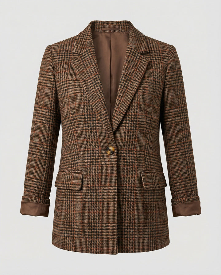 Women's Checked Blazer with Lapels and Single Button Closure-The Yellow Prime