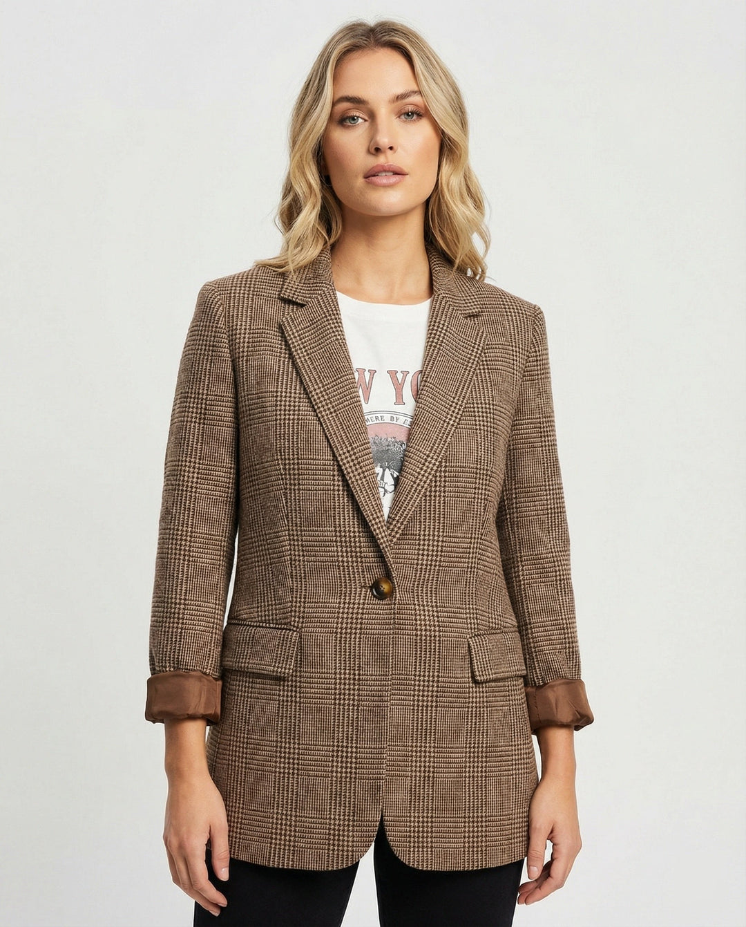 Women's Checked Blazer with Lapels and Single Button Closure-The Yellow Prime