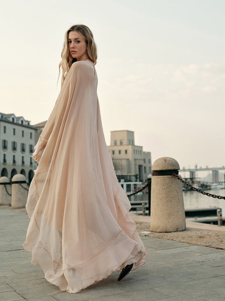 Women's Chiffon Cape Sleeve Maxi Evening Dress-The Yellow Prime