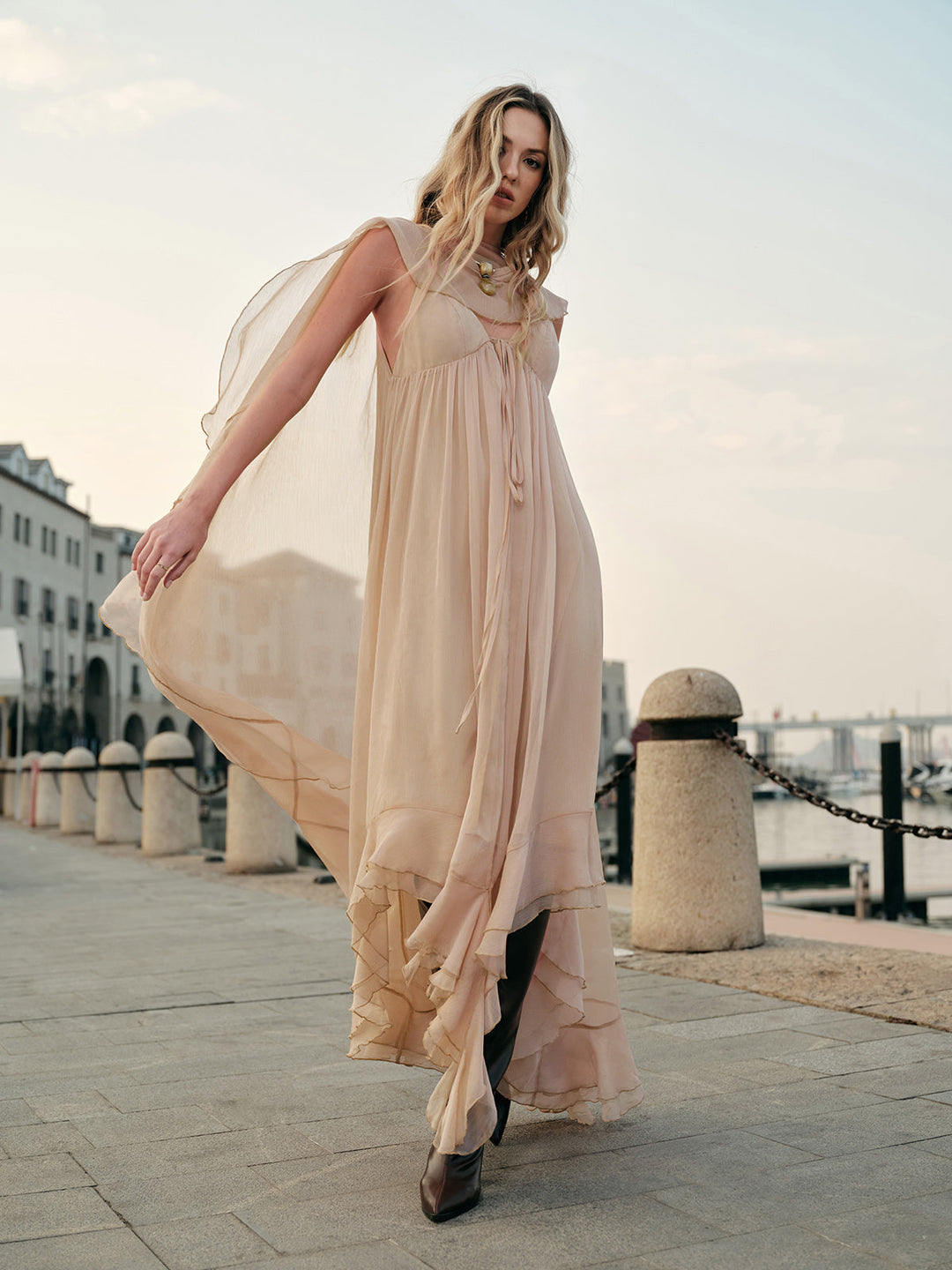 Women's Chiffon Cape Sleeve Maxi Evening Dress-The Yellow Prime