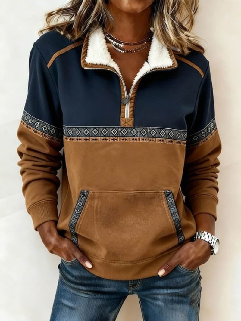 Women's Colorblock Half-Zip Fleece Casual Sweater-The Yellow Prime