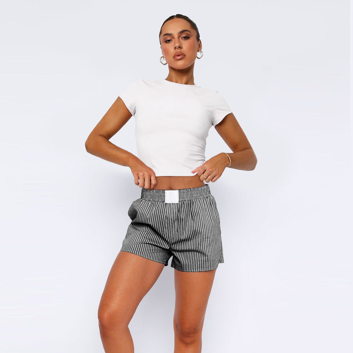 Women's Cotton Striped Shorts with Elastic Waistband-The Yellow Prime