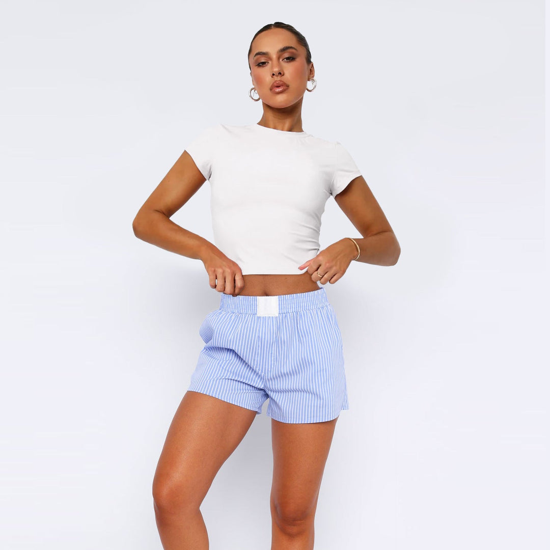 Women's Cotton Striped Shorts with Elastic Waistband-The Yellow Prime