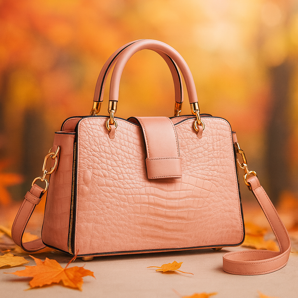 Women's Croc-Embossed Leather Handbag with Gold Accents-The Yellow Prime