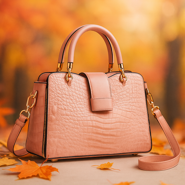 Women's Croc-Embossed Leather Handbag with Gold Accents-The Yellow Prime