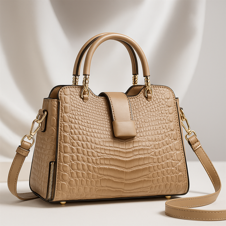 Women's Croc-Embossed Leather Handbag with Gold Accents-The Yellow Prime