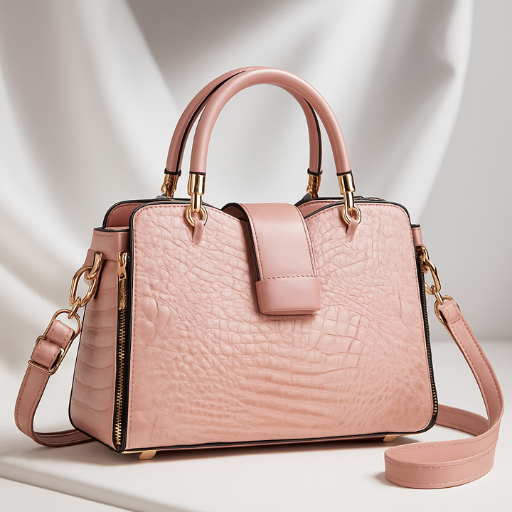 Women's Croc-Embossed Leather Handbag with Gold Accents-The Yellow Prime