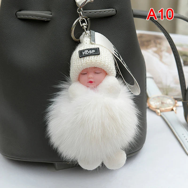 Women's Cute Pompom Sleeping Baby Plush Keychain Bag Charm-The Yellow Prime