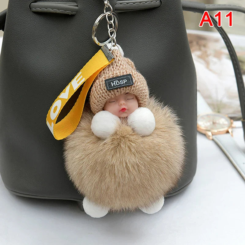 Women's Cute Pompom Sleeping Baby Plush Keychain Bag Charm-The Yellow Prime
