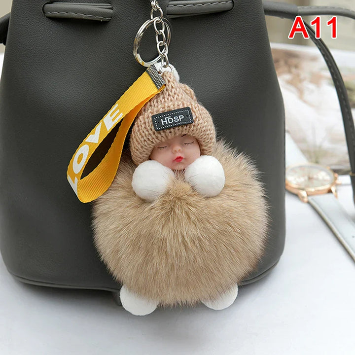 Women's Cute Pompom Sleeping Baby Plush Keychain Bag Charm-The Yellow Prime