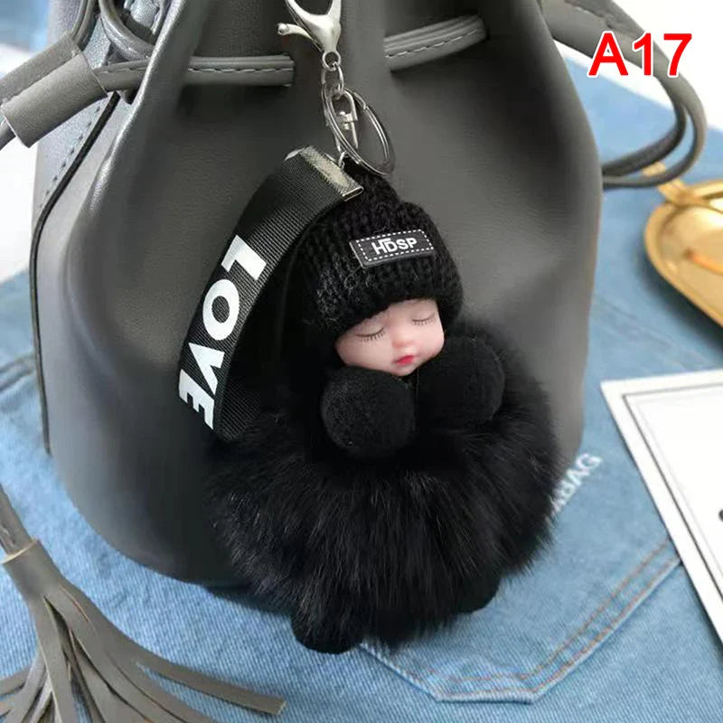 Women's Cute Pompom Sleeping Baby Plush Keychain Bag Charm-The Yellow Prime
