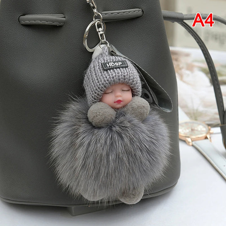 Women's Cute Pompom Sleeping Baby Plush Keychain Bag Charm-The Yellow Prime