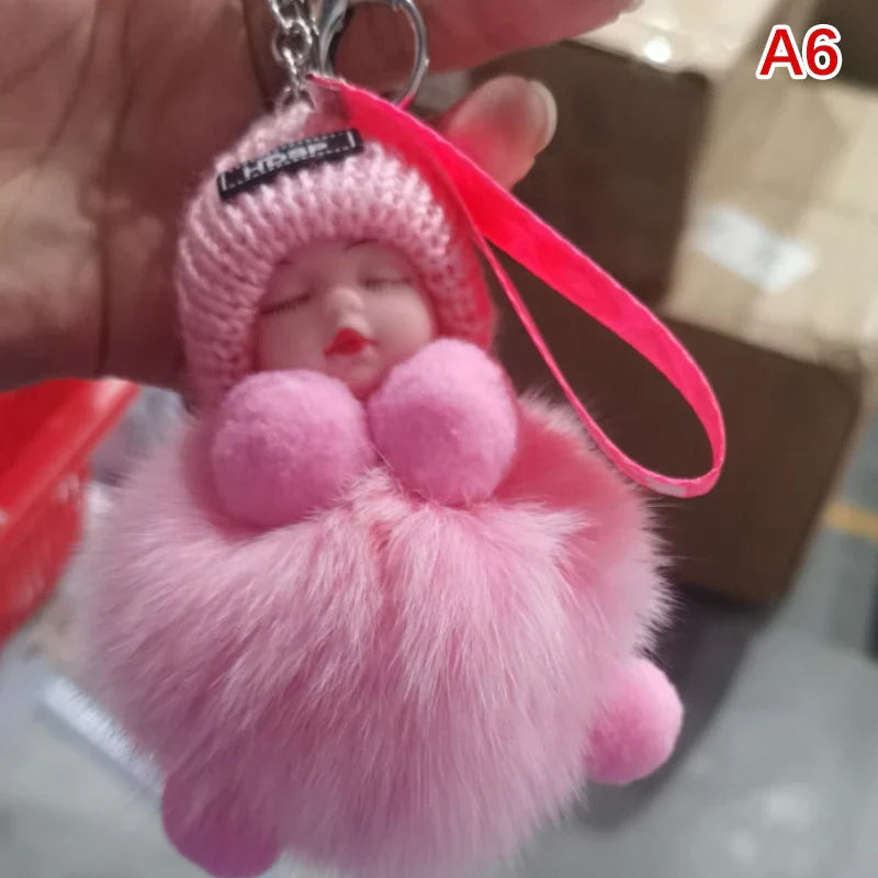 Women's Cute Pompom Sleeping Baby Plush Keychain Bag Charm-The Yellow Prime