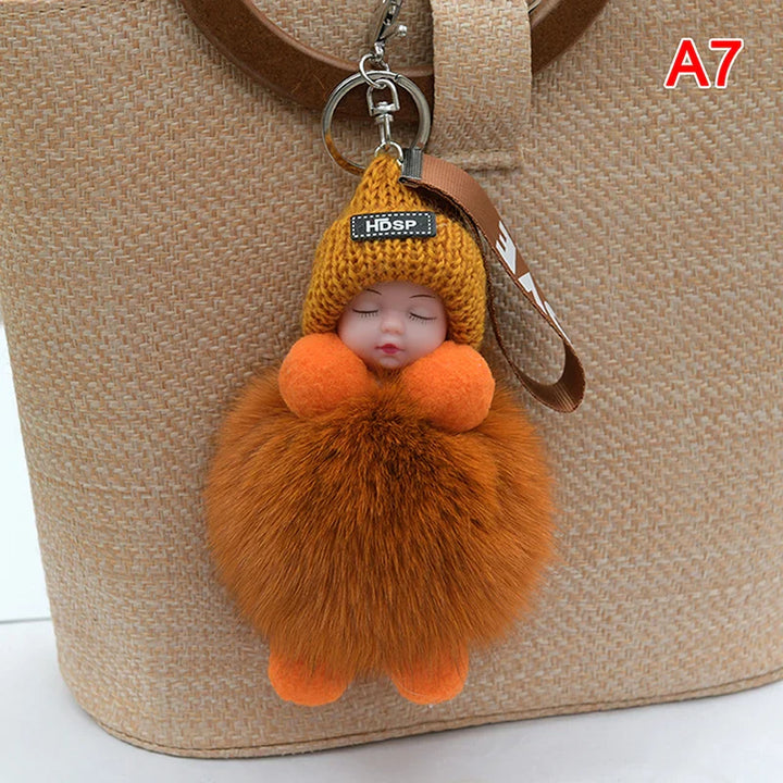 Women's Cute Pompom Sleeping Baby Plush Keychain Bag Charm-The Yellow Prime