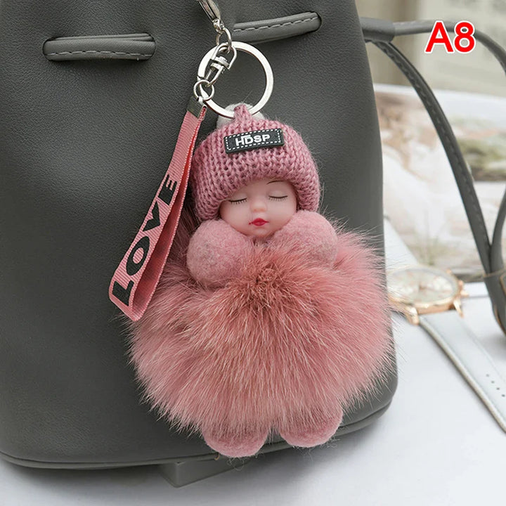 Women's Cute Pompom Sleeping Baby Plush Keychain Bag Charm-The Yellow Prime