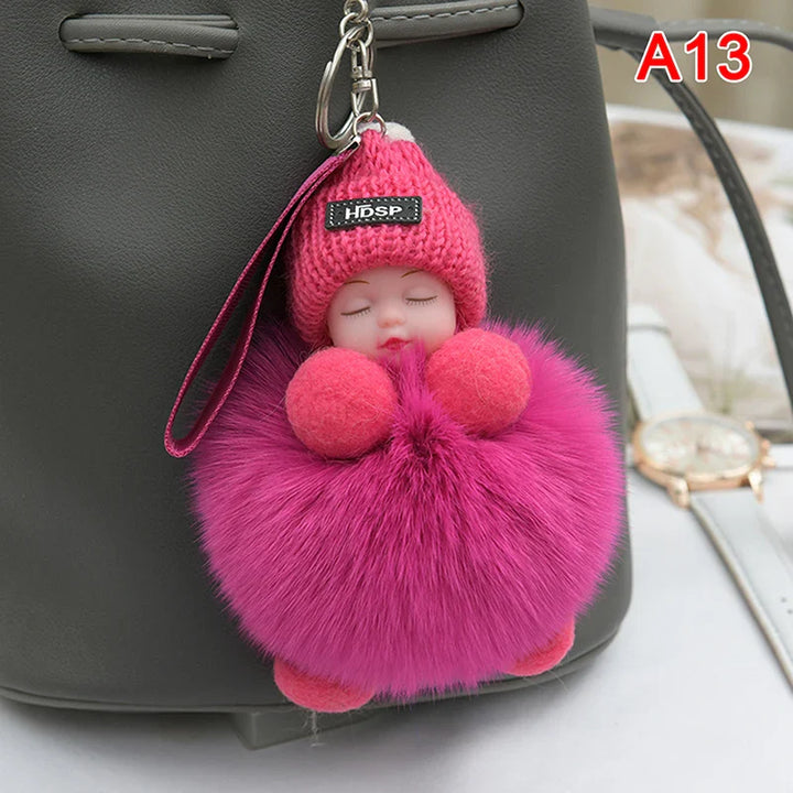 Women's Cute Pompom Sleeping Baby Plush Keychain Bag Charm-The Yellow Prime