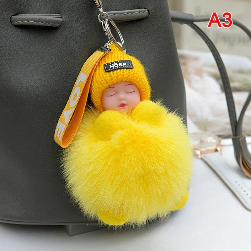 Women's Cute Pompom Sleeping Baby Plush Keychain Bag Charm-The Yellow Prime