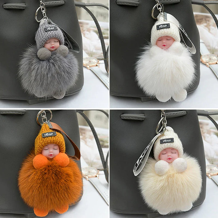 Women's Cute Pompom Sleeping Baby Plush Keychain Bag Charm-The Yellow Prime