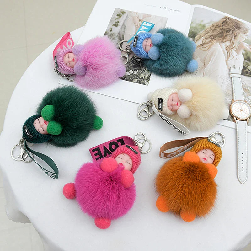 Women's Cute Pompom Sleeping Baby Plush Keychain Bag Charm-The Yellow Prime