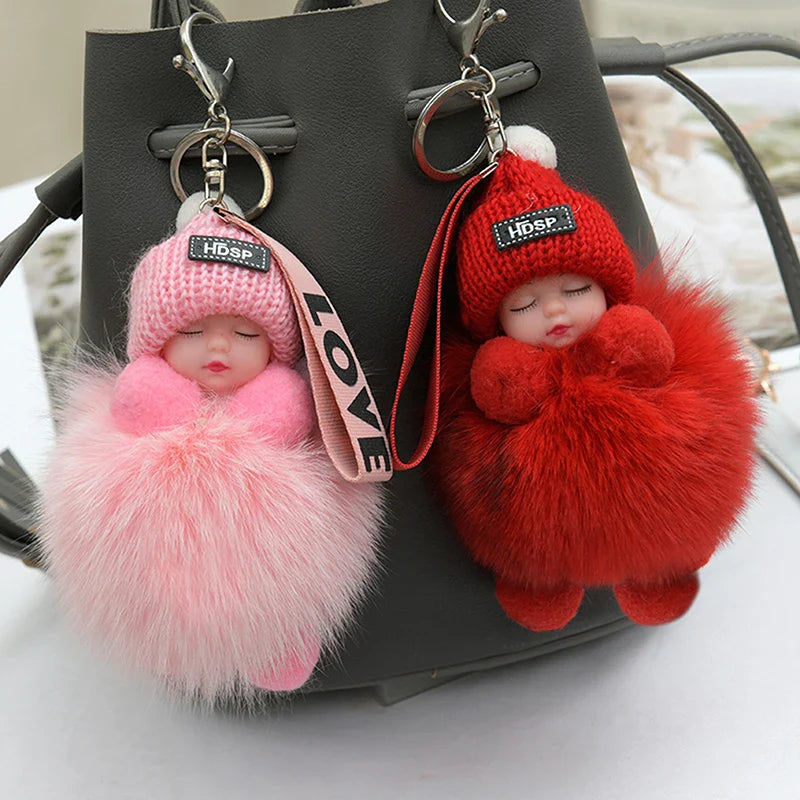 Women's Cute Pompom Sleeping Baby Plush Keychain Bag Charm-The Yellow Prime