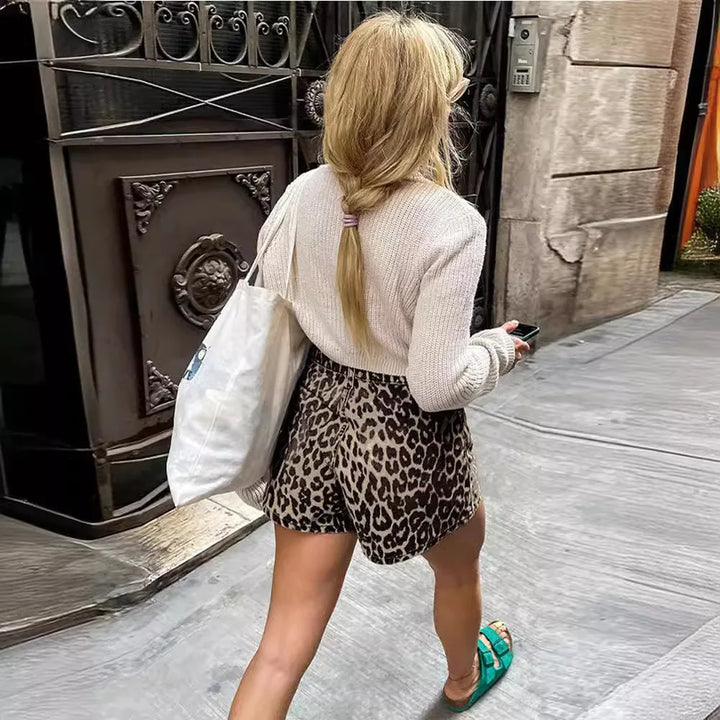 Women's Denim Leopard Print Shorts-The Yellow Prime