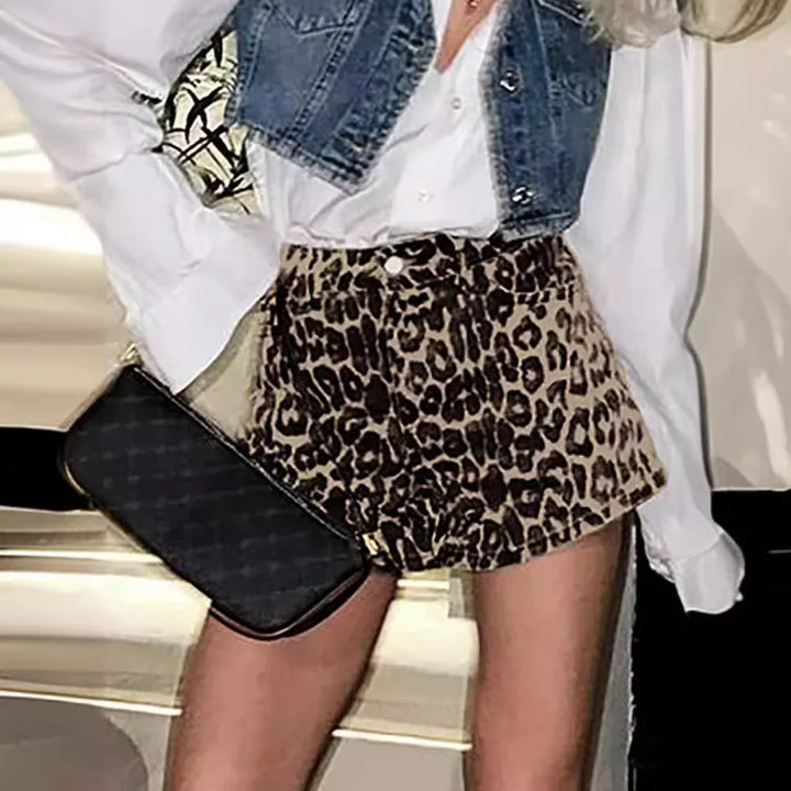 Women's Denim Leopard Print Shorts-The Yellow Prime