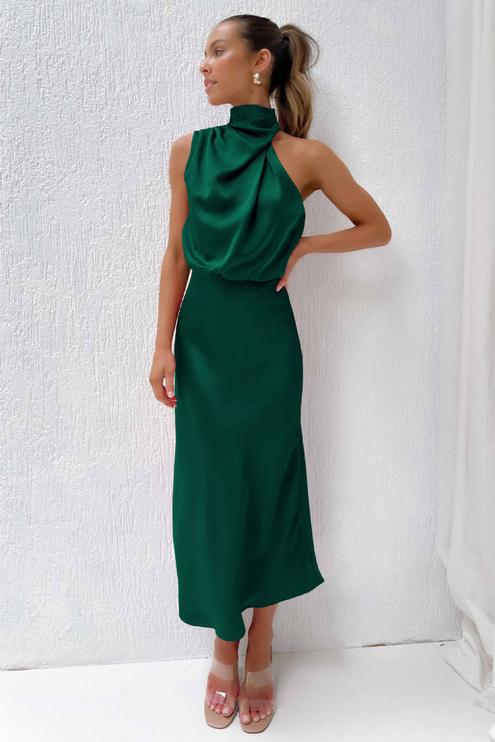 Women's Elegant Asymmetrical Midi Dress with Round Neckline-The Yellow Prime