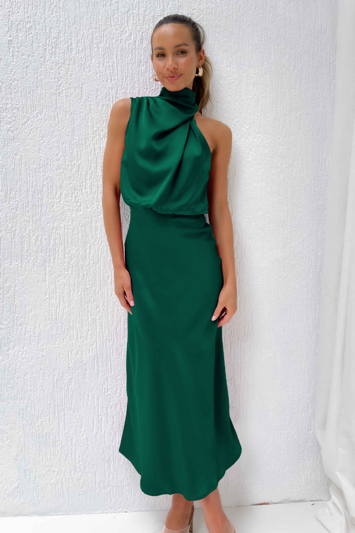 Women's Elegant Asymmetrical Midi Dress with Round Neckline-The Yellow Prime