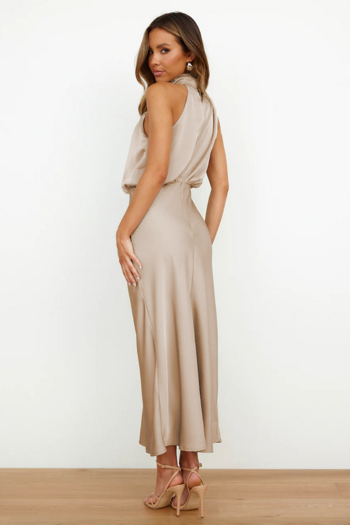 Women's Elegant Asymmetrical Midi Dress with Round Neckline-The Yellow Prime