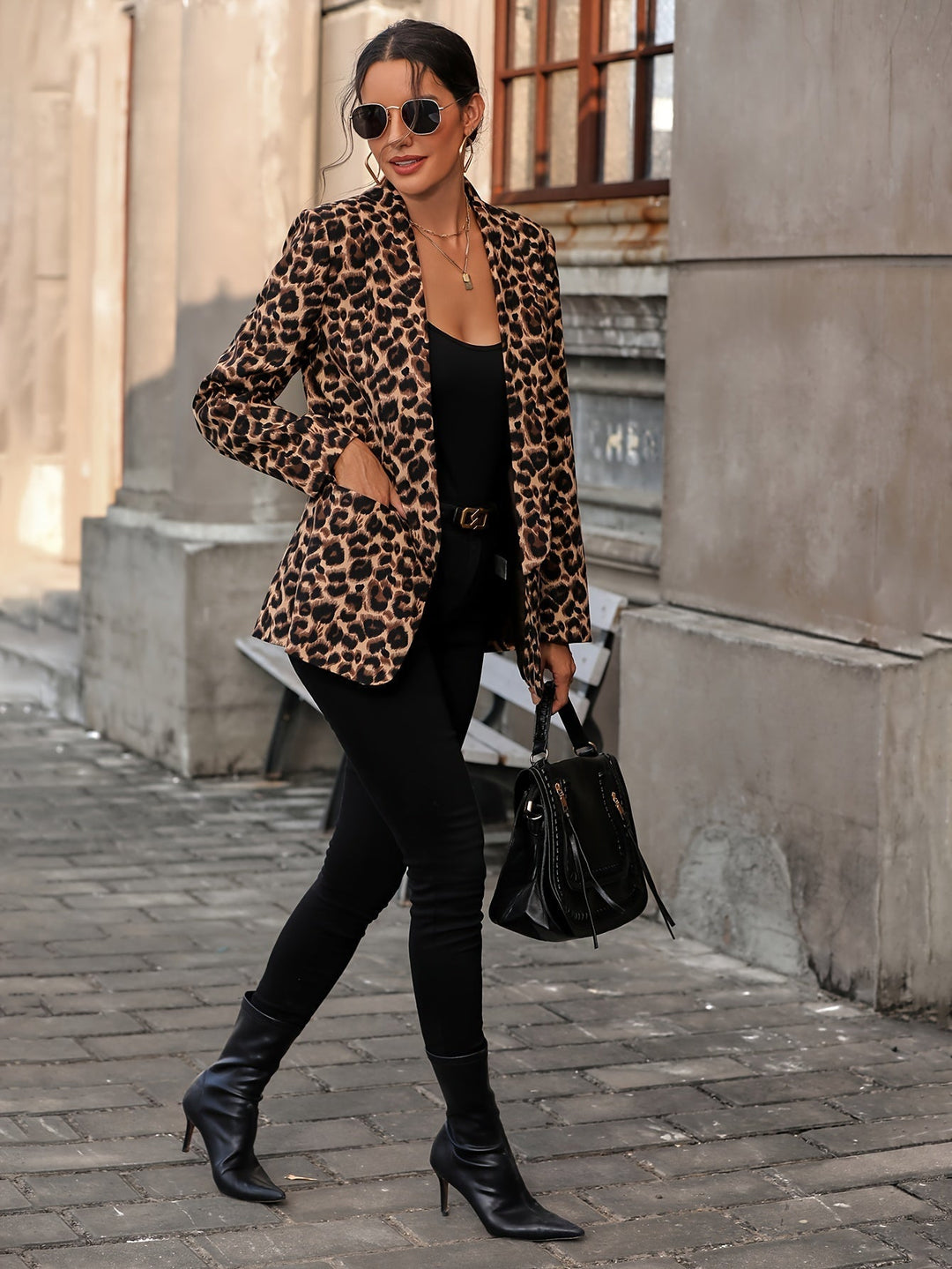 Women's Elegant Business Long Blazer with Leopard Print for All Seasons-The Yellow Prime