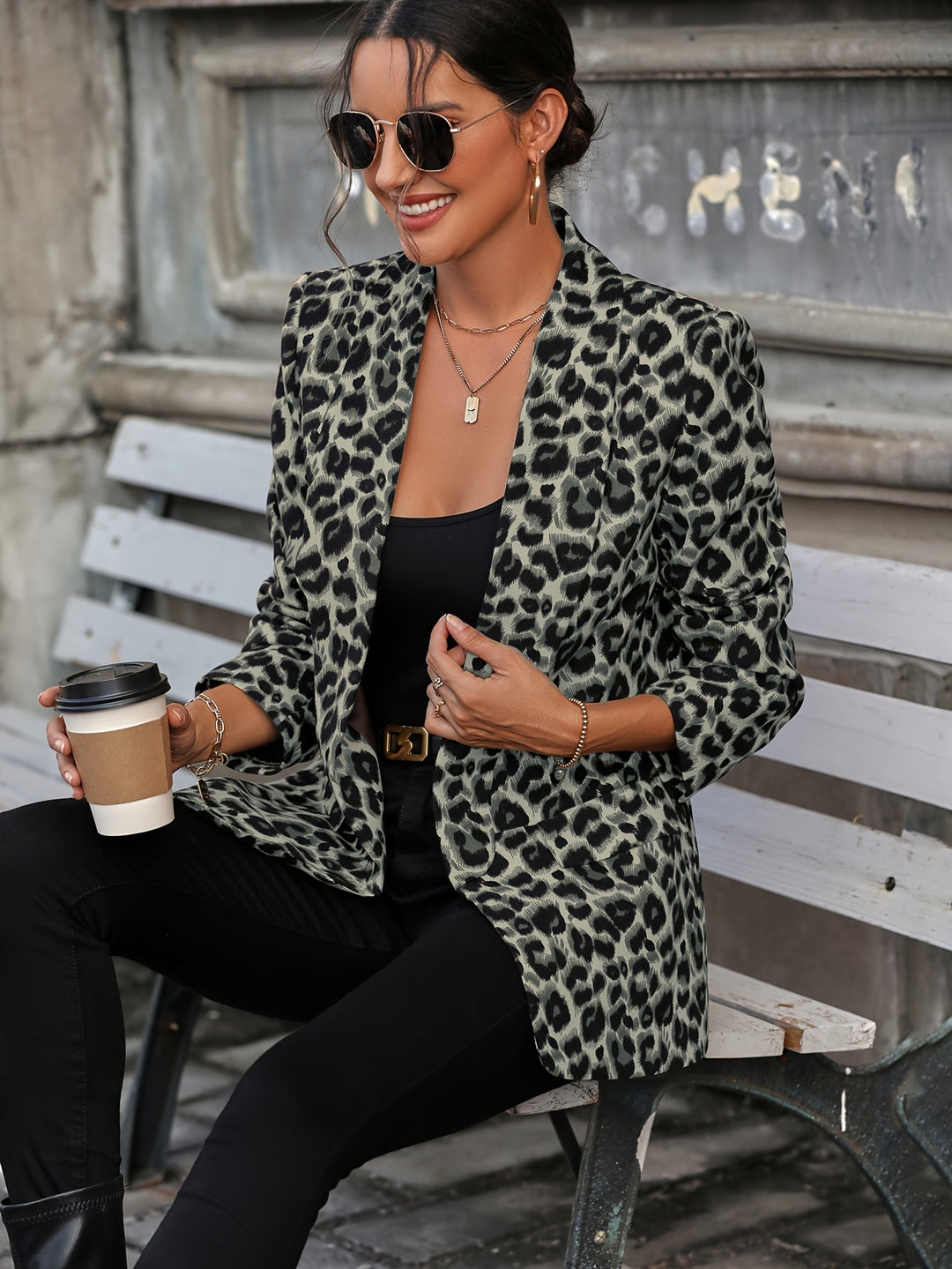 Women's Elegant Business Long Blazer with Leopard Print for All Seasons-The Yellow Prime